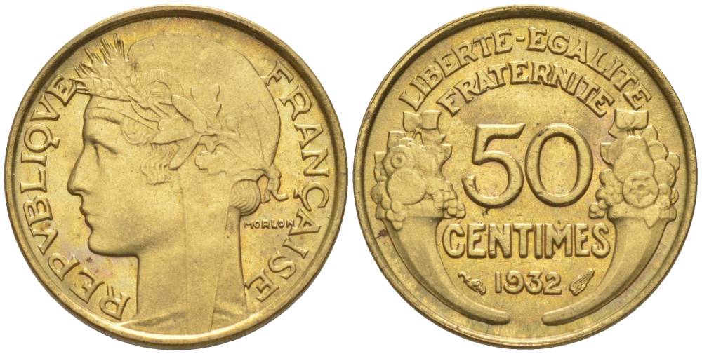 ФРАНЦИЯ 50 САНТИМОВ 1932 ТИП MORLON, OPEN 9, С ЯГОДОЙ KM 894.1, LE FRANC 192.7 алюминиевая бронза 44-713