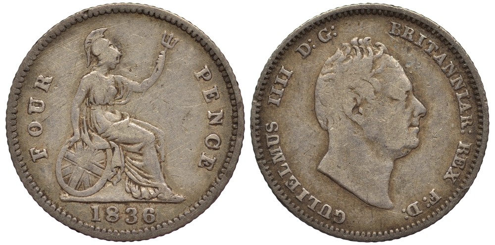 Великобритания 4 пенса (гроут) 1836 Вильгельм IV (1830-1837) KM 723, Spink 3837 серебро 1519-1542
