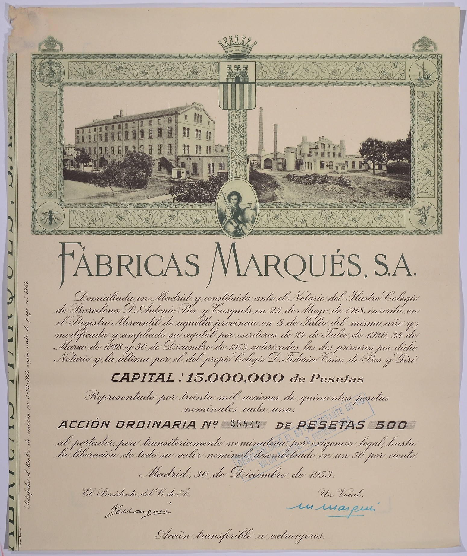 ИСПАНИЯ АЦИЯ НА 500 ПЕСЕТ 1953 FABRICAS MARQUES S.A., МАДРИД 1953 бумага 5544-3