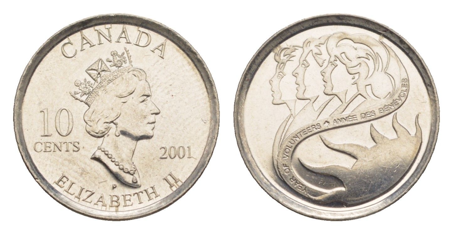 Канада 10 центов 2001 Международный год добровольцев KM 412 никель UNC 4636-643