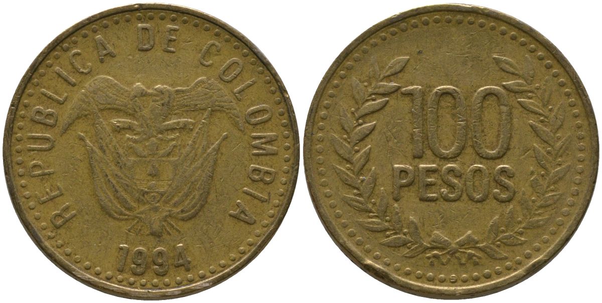 Колумбия 100 песо 1994 KM 285.1, Restrepo 445.3 латунь 4538-1244