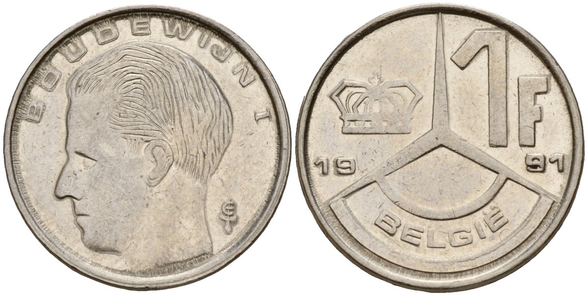 Бельгия 1 франк 1991 Belgique KM 63 сталь плакированная никелем 4189-861