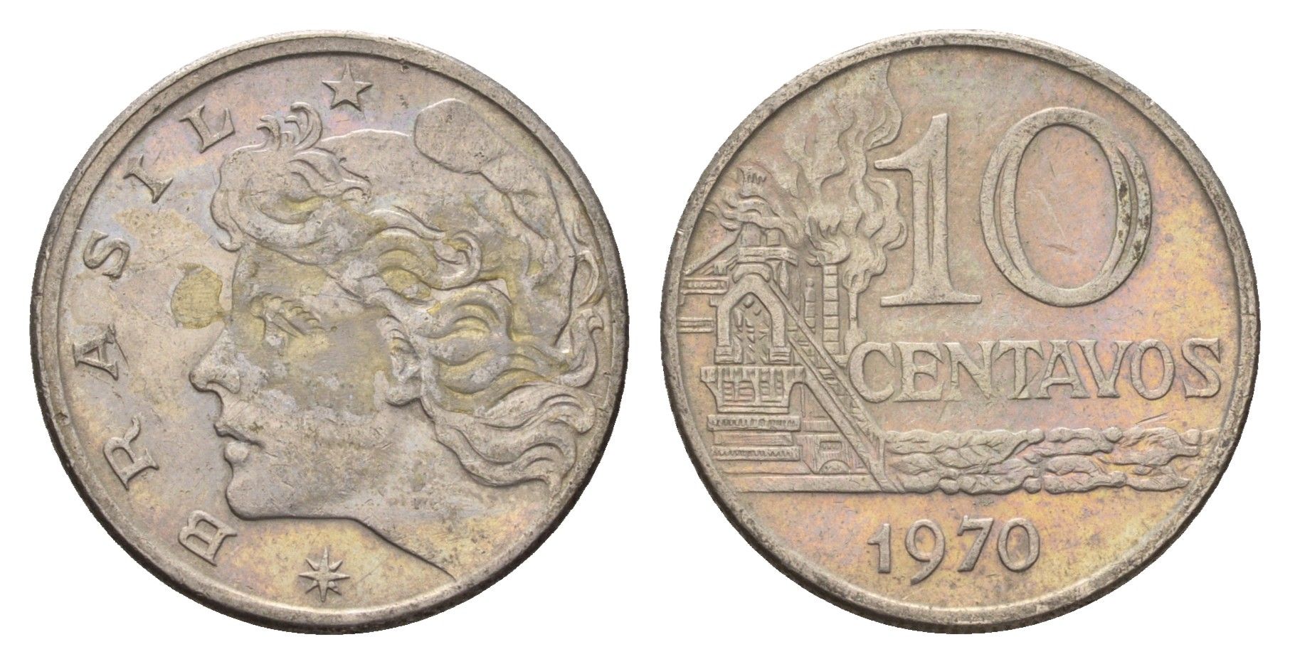 Бразилия 10 сентаво 1970 год-тип KM 578.2 медно-никель 4686-644