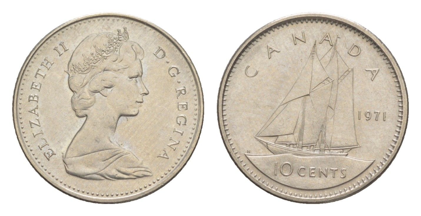 Канада 10 центов 1971 Елизавета II (1952-2022), парусник KM 77 никель 4639-623