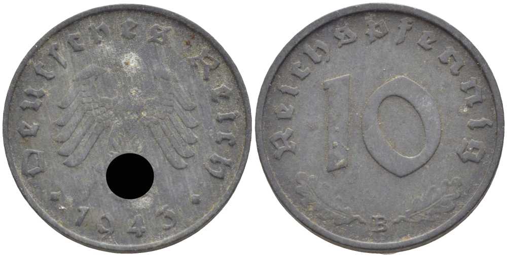 ГЕРМАНИЯ 10 РЕЙХСПФЕННИГОВ 1943 B KM 101, J. 371 цинк 4401-542