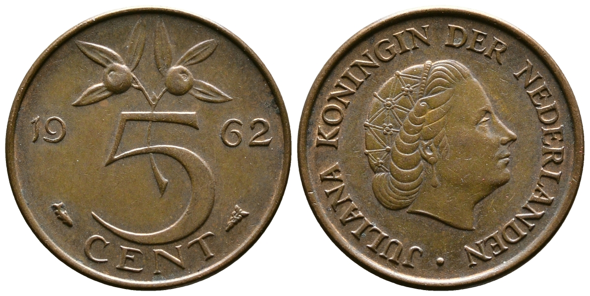 НИДЕРЛАНДЫ 5 ЦЕНТОВ 1962 ЮЛИАНА KM 181 бронза 177-812