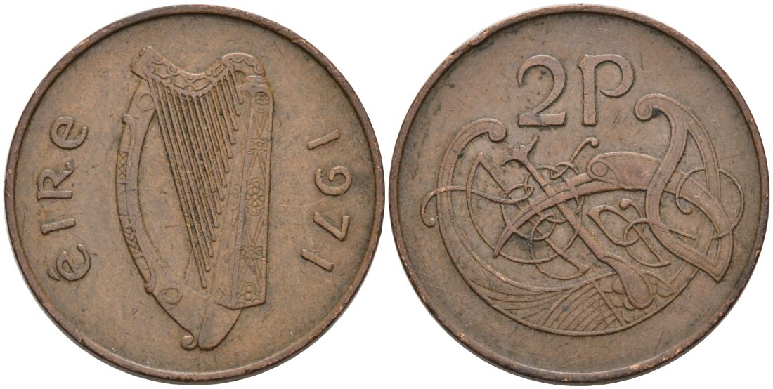 Ирландия 2 пенса 1971 виньетка в виде стилизованной птицы из второй библии Карла II лысого KM 21 бронза 4566-916