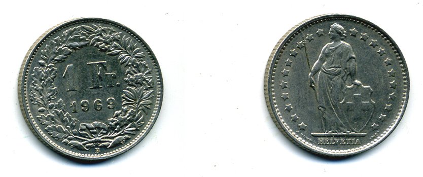 ШВЕЙЦАРИЯ 1 ФРАНК 1969 KM 24а.1 медно-никель 37-1141