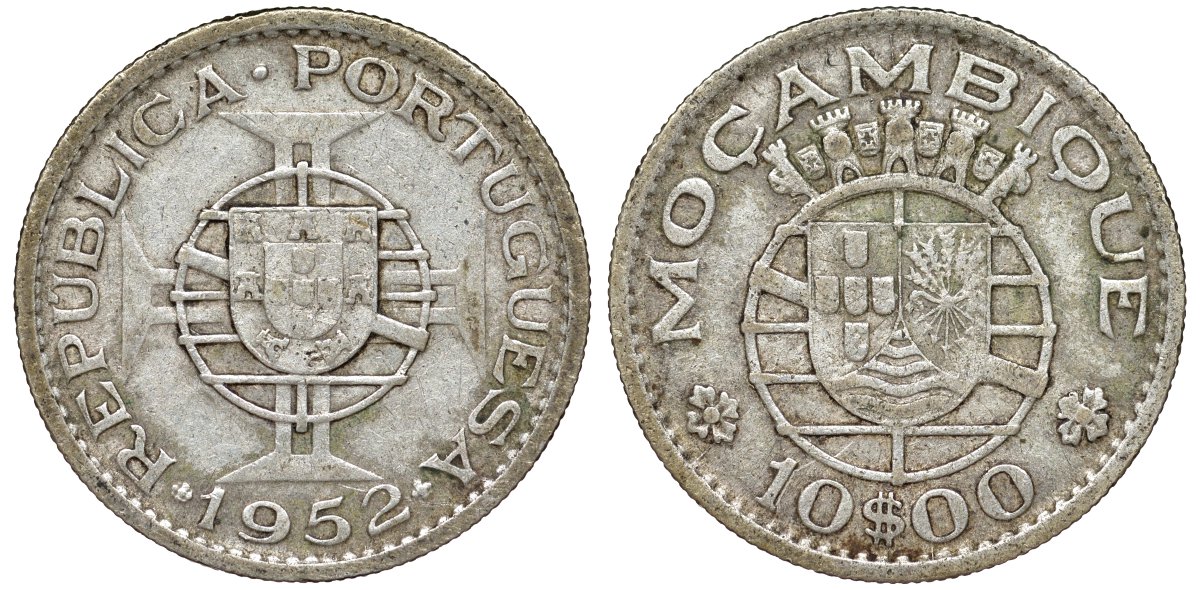 Португальский Мозамбик 10 эскудо 1952 KM 79 серебро 51-2946