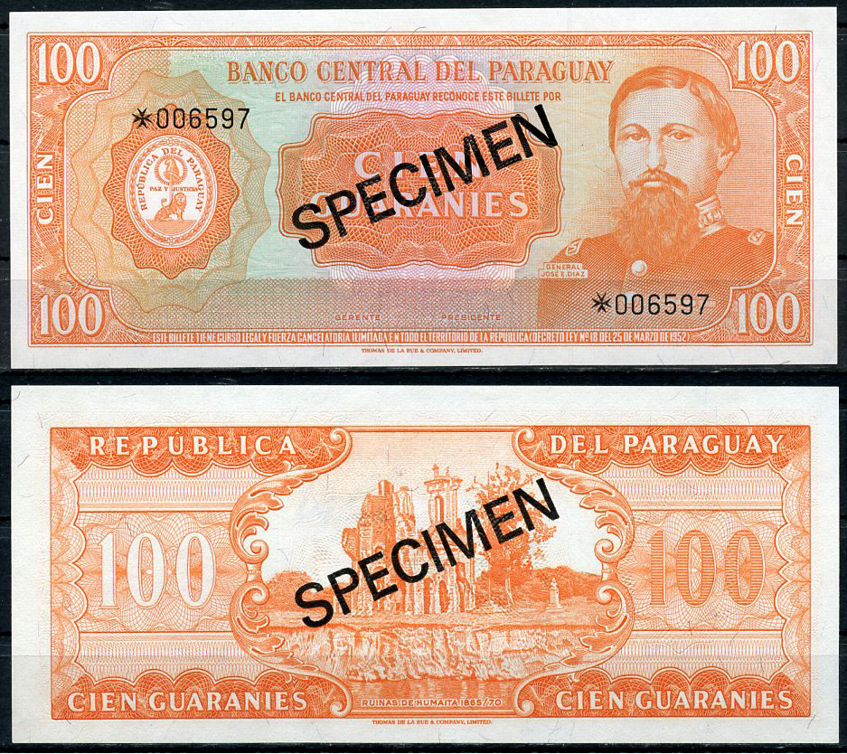 Парагвай 100 гуарани 1952 (1963) Хосе Эдувихис Диас, "Образец". С диагональной надпечаткой слова "Specimen" Pick 199 b s  бумага  UNC (пресс) 451-720-2