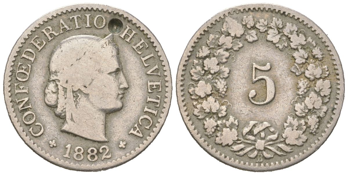 Швейцария 5 раппенов 1882 B KM 26 медно-никель 4189-1016