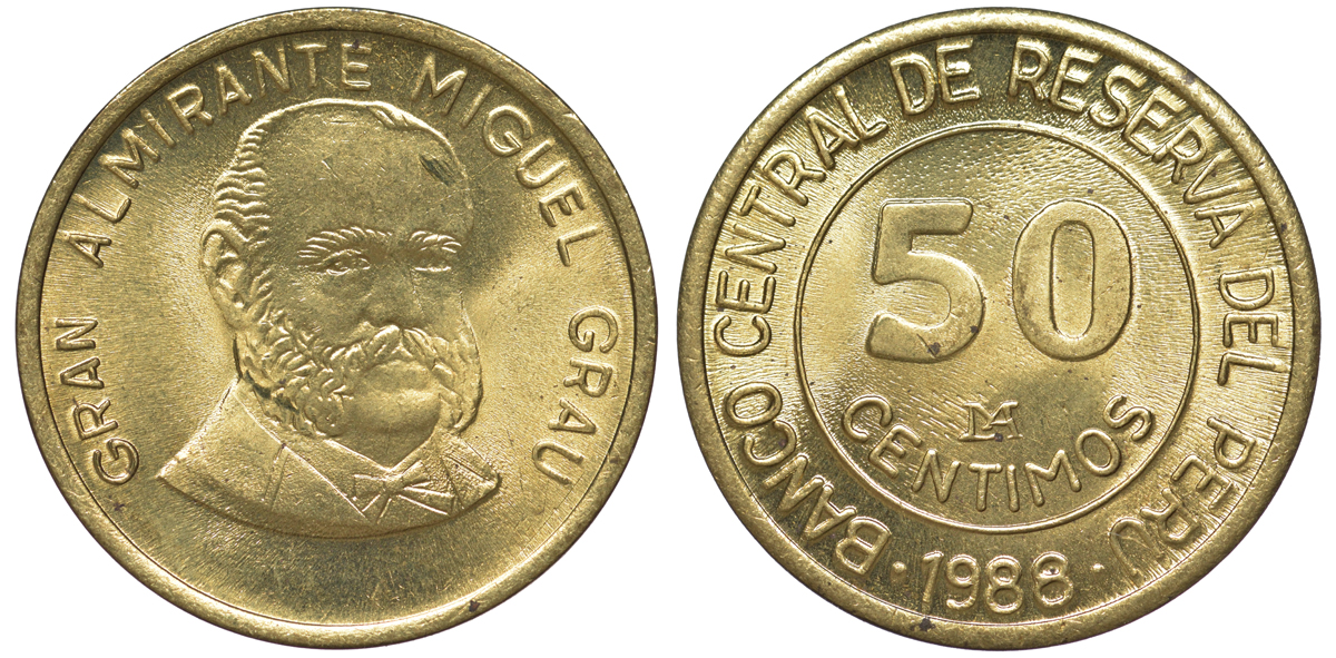 Перу 50 сентимо 1988 Мигель Грау Семинарио KM 295 латунь aUNC 4605-417