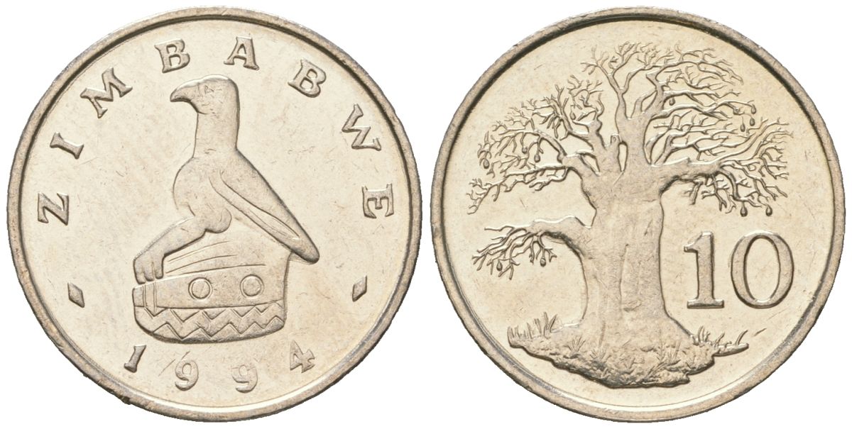 Зимбабве 10 центов 1994 птица-идол, баобаб KM 3 медно-никель UNC 4615-1151