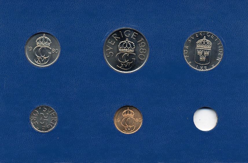 Швеция 5, 25, 50 эре и 1, 5 крон 1980 в картоне набора монетного двора, Карл XVI Густав (1973- ) UNC 7-5-7-277