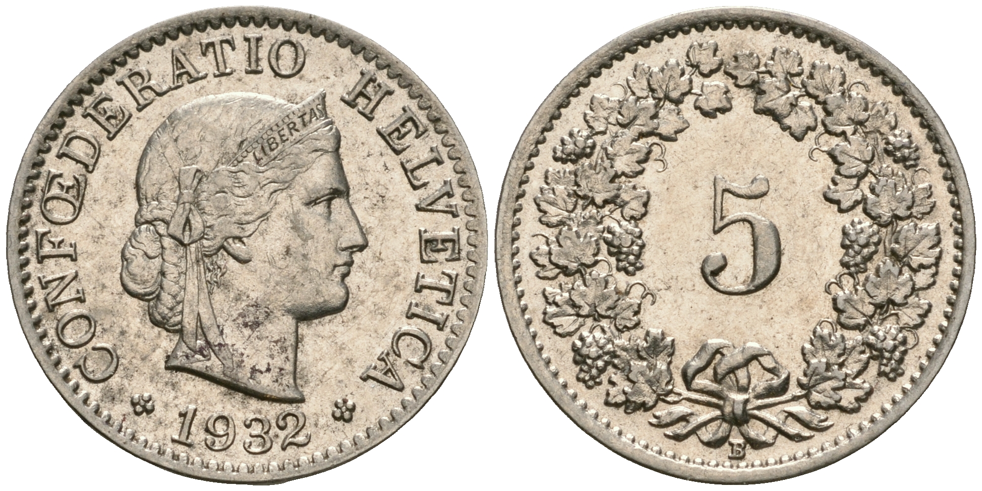 Швейцария 5 раппенов 1932 KM 26b никель aUNC 4608-1033