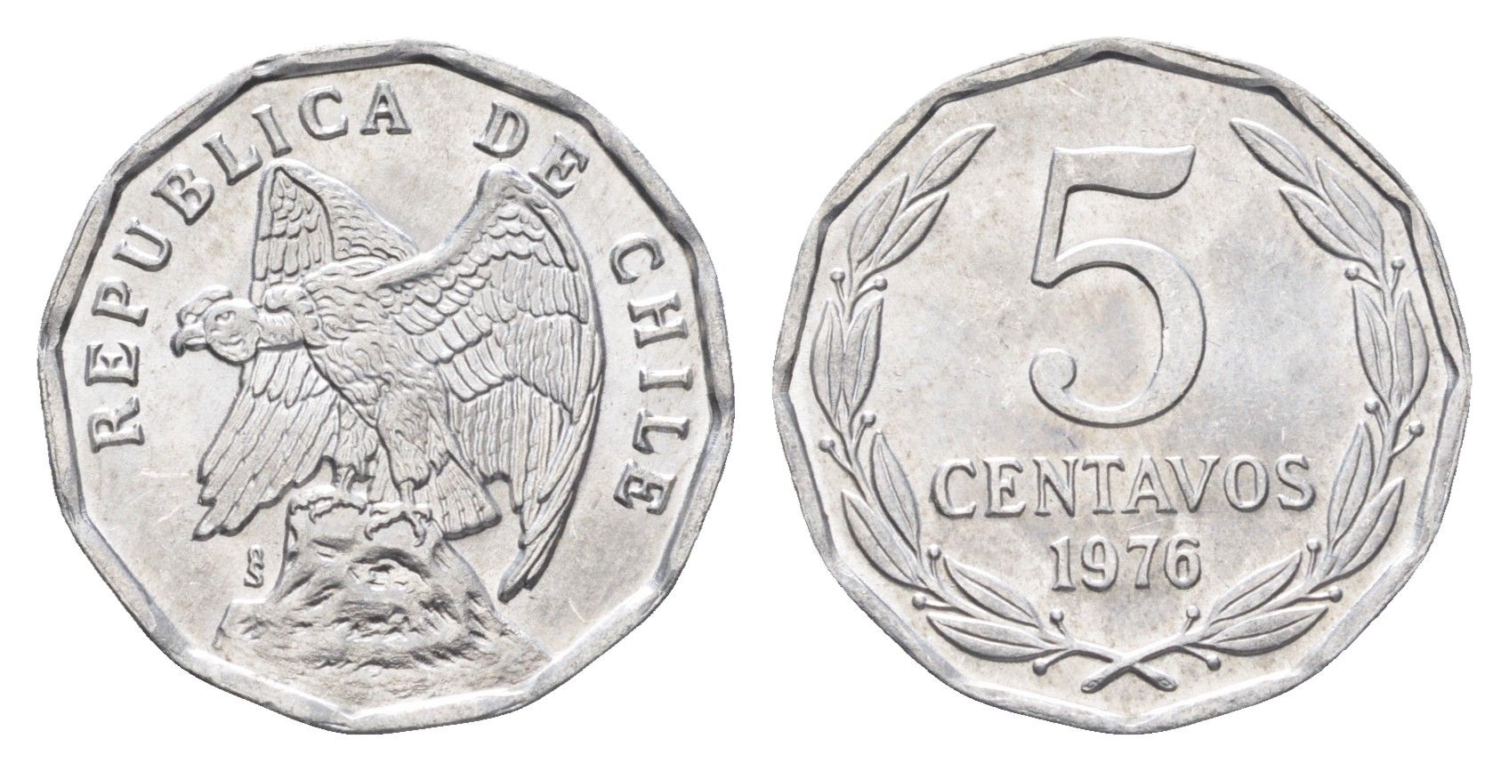 Чили 5 сентаво 1976 год-тип KM 204a алюминий UNC 4664-112