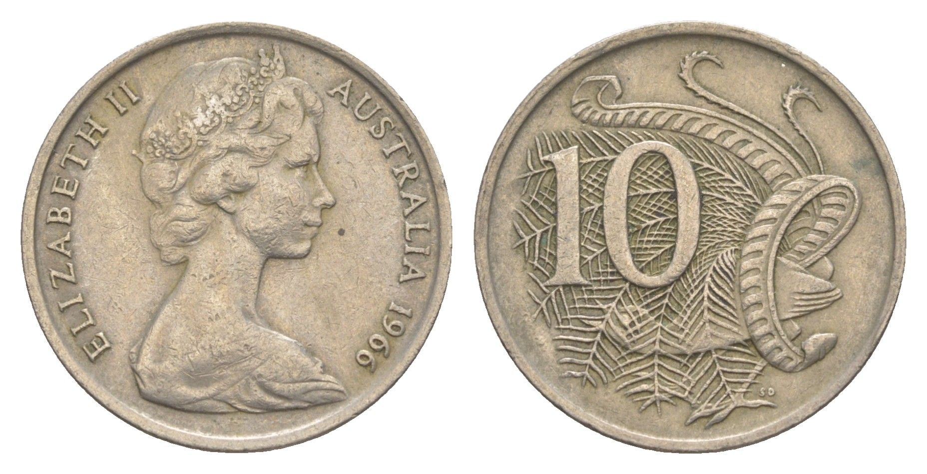 Австралия 10 центов 1966 Елизавета II (1952-2022), птица лирахвост KM 65 медно-никель 4364-3212