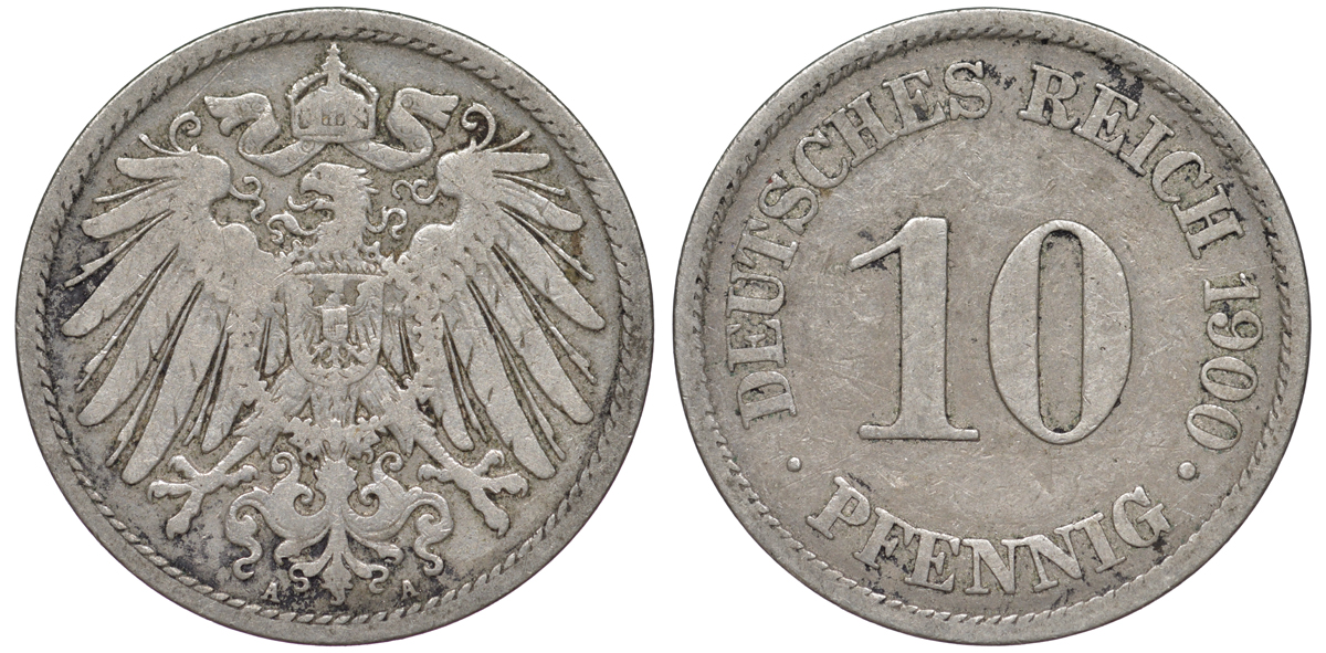 Германия 10 пфеннигов 1900 A KM 12, J. 13 медно-никель 45-1233