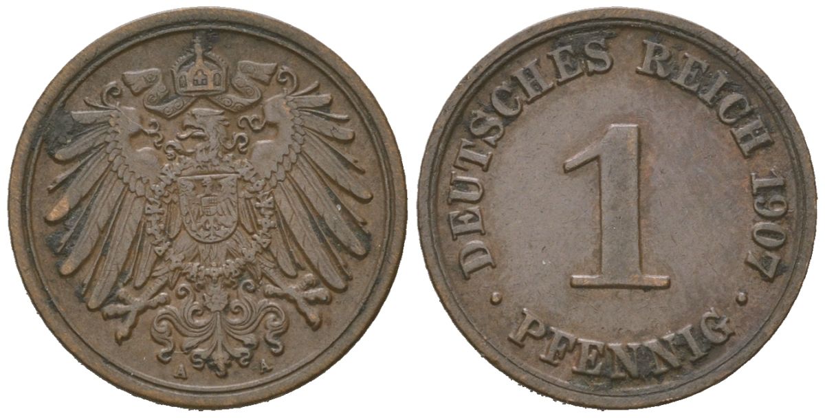 Германия 1 пфенниг 1907 A, Вильгельм II (1888-1918) KM 10, J. 10, Weege 2 медь 4615-224