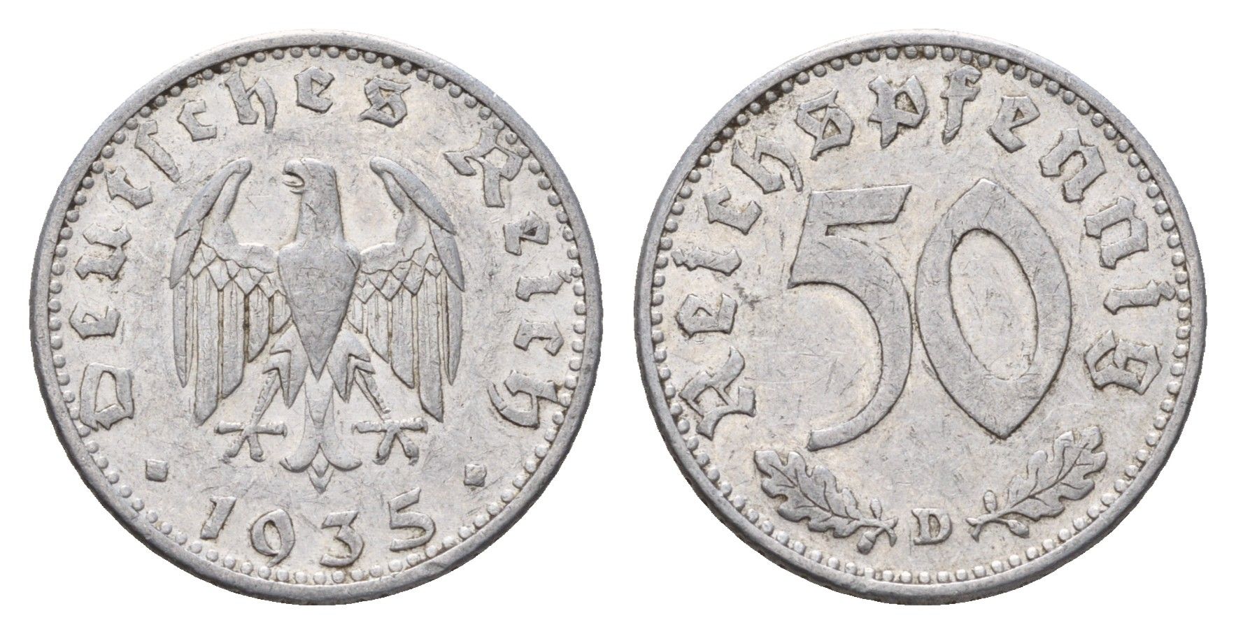 Германия 50 рейхспфеннигов 1935 D KM 87, J. 368 алюминий 4567-841