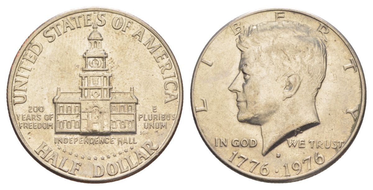 США 1/2 доллара (50 центов) 1976 D, 200 лет независимости, Джон Кеннеди KM 205 медь плакированная медно-никелем aUNC 4545-746