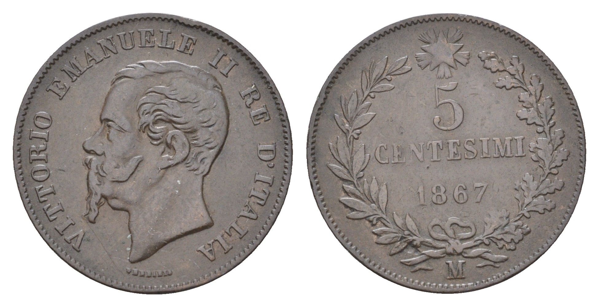 Италия 5 чентезимо 1867 M, Виктор Эммануил II (1861-1878) KM 3.2 медь 27-831
