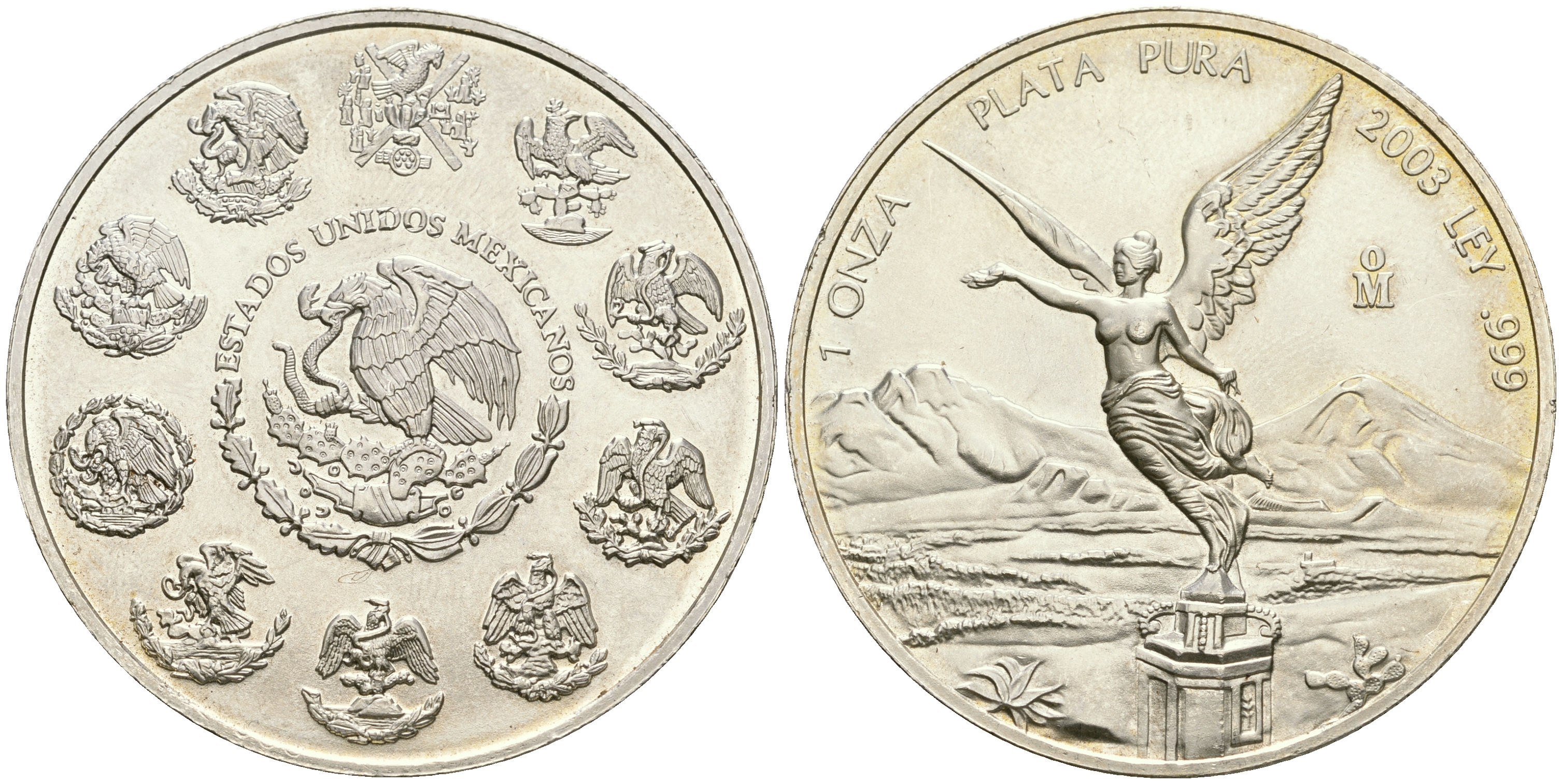 Мексика 1 онза 2003 Mo, серебряная инвестиционная монета "Свобода" KM 639 серебро    1080-10-23