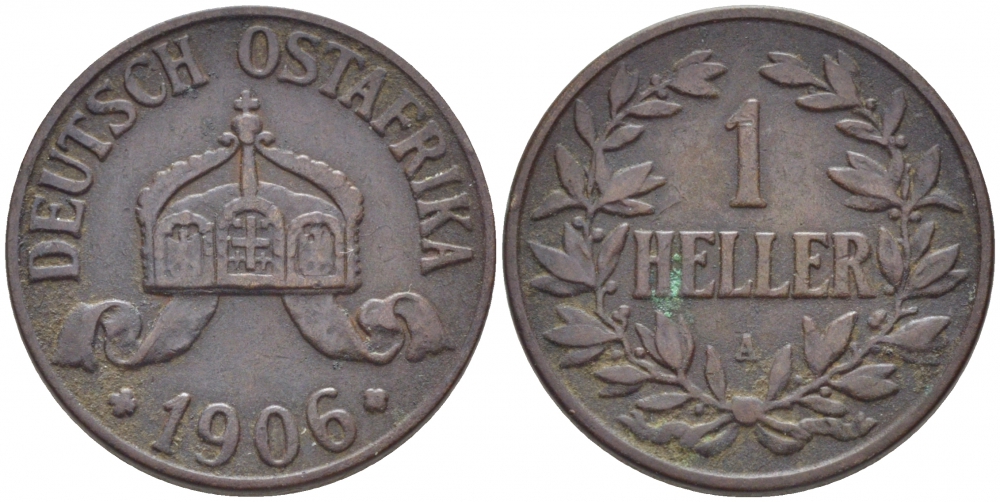 Немецкая Восточная Африка (Танзания) 1 геллер 1906 A, Ost-Africa Jaeger 716, KM 7 бронза 4448-431