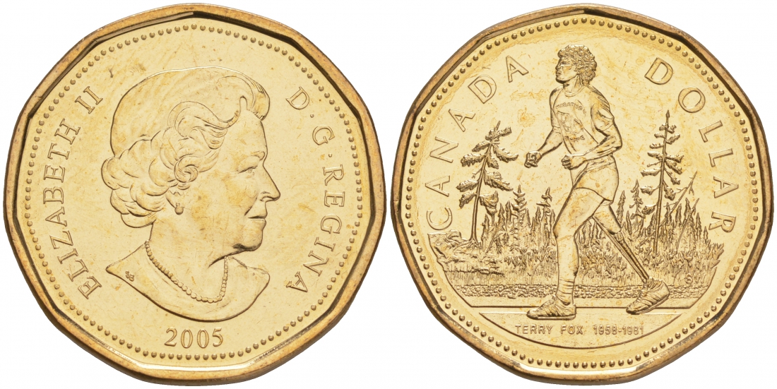 Канада 1 доллар 2005 25 лет марафону надежды, Терри Фокс KM 552 никель плакированый бронзой UNC M45-20