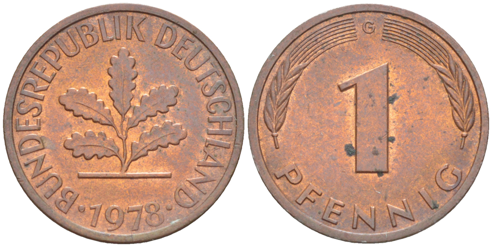 ФРГ 1 ПФЕННИГ 1978 G KM 105, J. 380 сталь плакированная медью 4181-632
