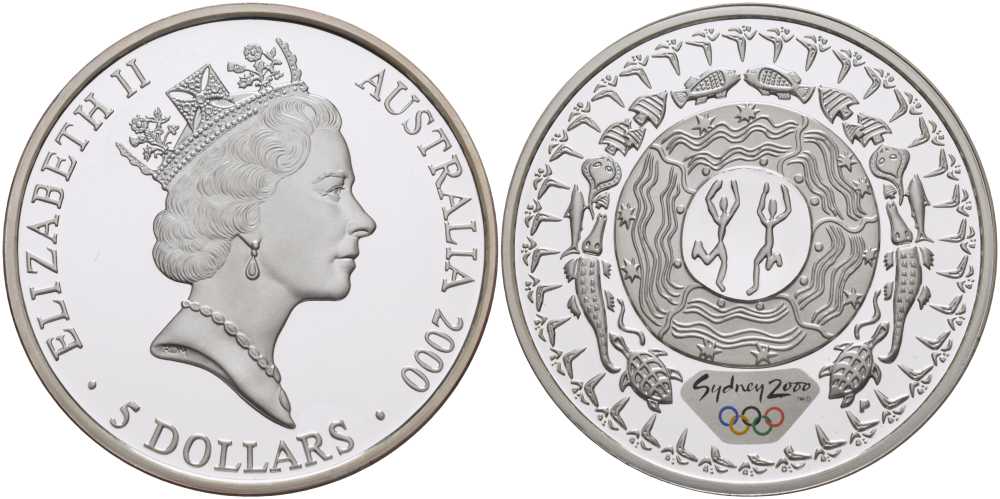 АВСТРАЛИЯ 5 ДОЛЛАРОВ 2000 (1998) СЕРИЯ ОЛИМПИАДА В СИДНЕЕ 2000 ГОДА, АБОРИГЕНСКИЕ ТАНЦЫ, ЦВЕТНАЯ ЭМАЛЬ KM 381 серебро PROOF 00-00