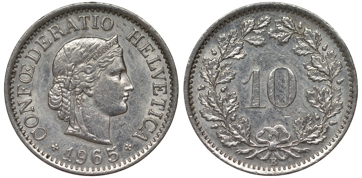 Швейцария 10 раппенов 1965 B KM 27 медно-никель 4128-722