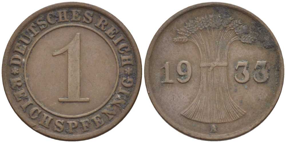 ГЕРМАНИЯ 1 РЕЙХСПФЕННИГ 1933 A KM 37, J. 313, Weege 2 бронза 211-123