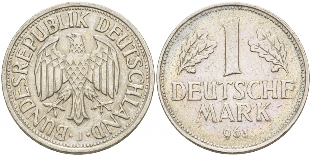 ФРГ 1 МАРКА 1963 J KM 110, J. 385 медно-никель 3718-1122