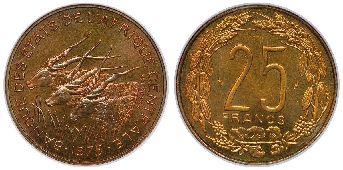 Валютный союз стран центральной Африки 25 франков 1975 проба, essai, слаб ANACS, грейд MS 67 KM E4 (KM 10) алюминиевая бронза UNC 1-4-4-13