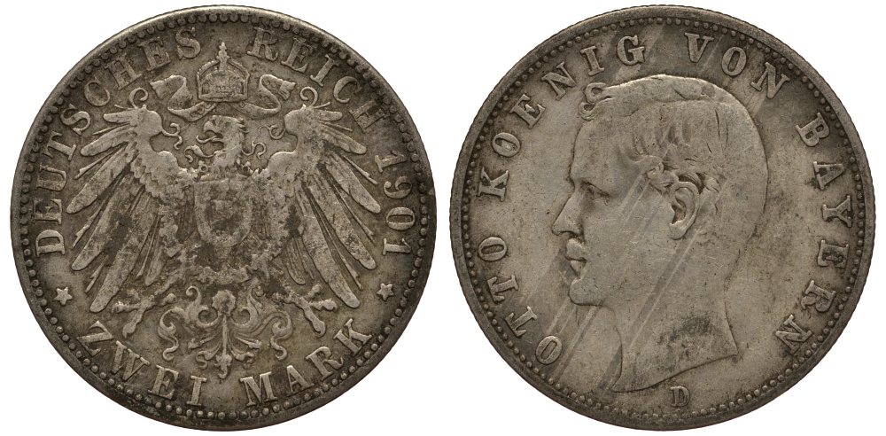 Бавария 2 марки 1901 Отто (1886-1913) Weege 44, J. 45, KM 511 серебро 3711-1824