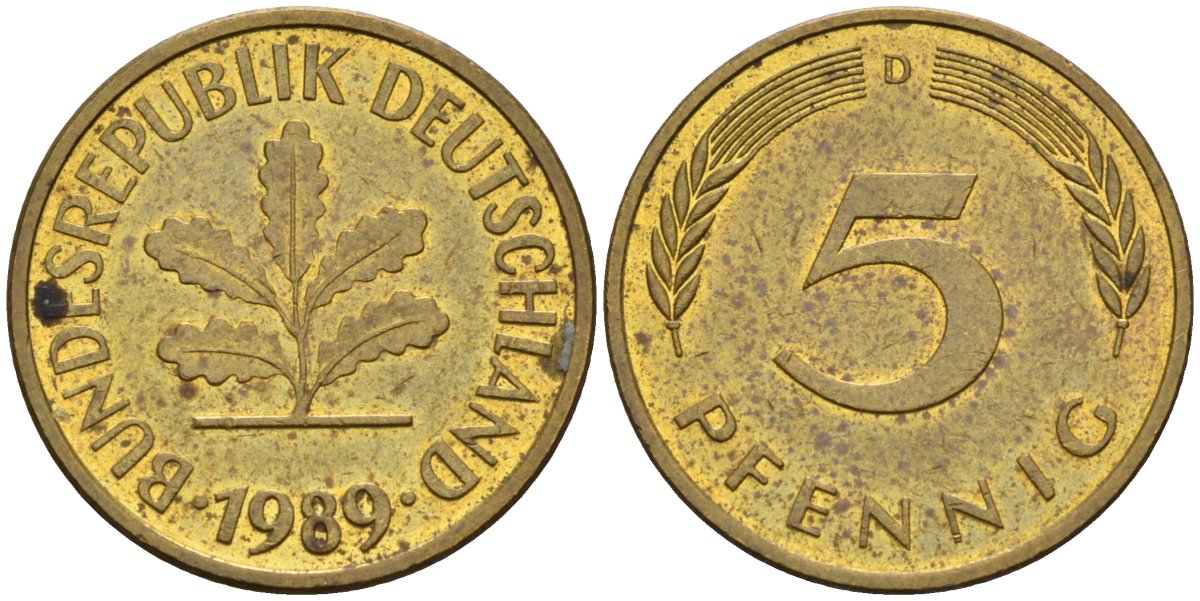 ФРГ 5 пфеннигов 1989 D KM 107 сталь плакированная латунью 4580-362