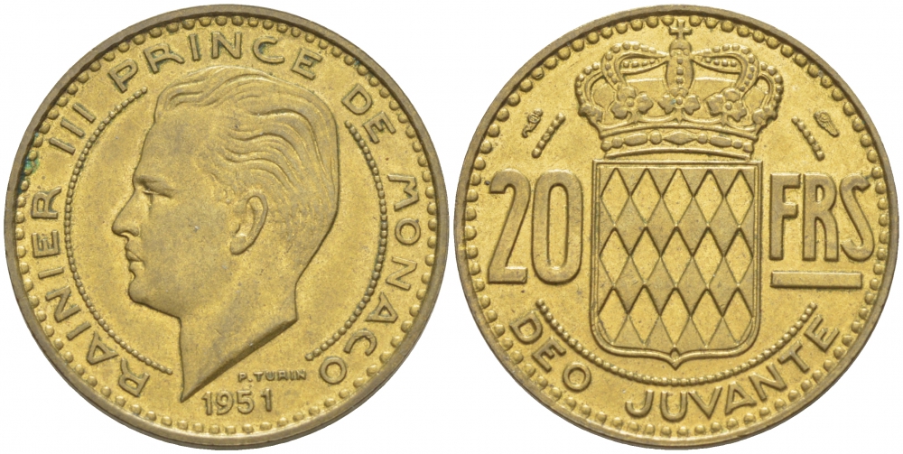 Монако 20 франков 1951 Ренье III (1949-2005) KM 131 алюминиевая бронза 4402-645