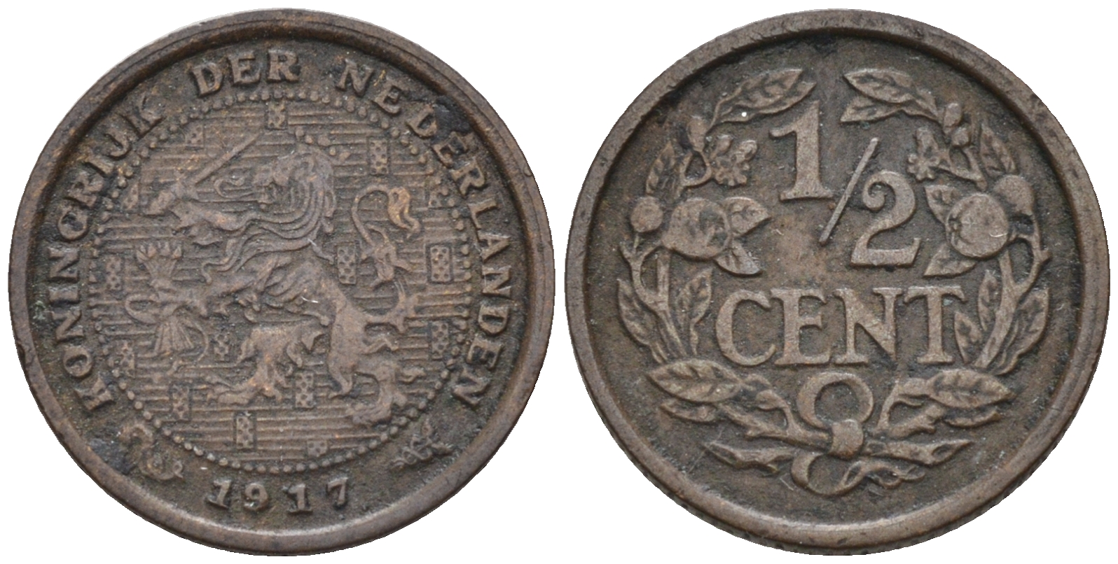 Нидерланды 1/2 цента 1917 Вильгельмина (1890-1948) KM 138 бронза    4169-239