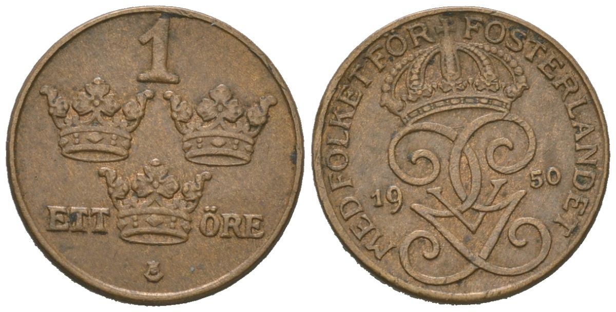 Швеция 1 эре 1950 Густав V (1907-1950) KM 777.2 бронза 4621-513