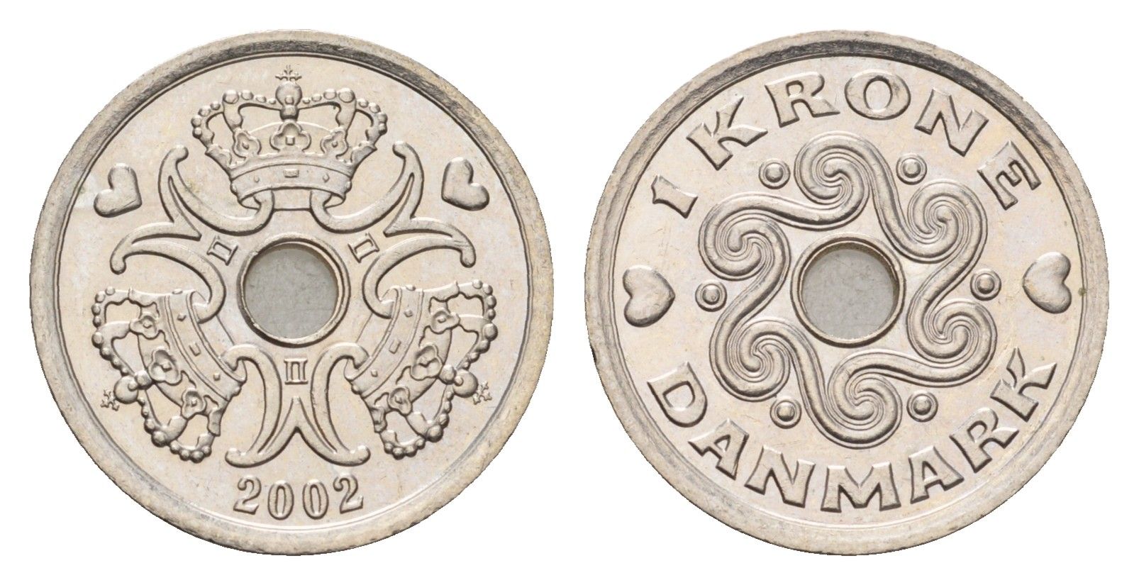 Дания 1 крона 2002 LG, Маргрете II (1972-2024) KM 873 медно-никель UNC 4701-942