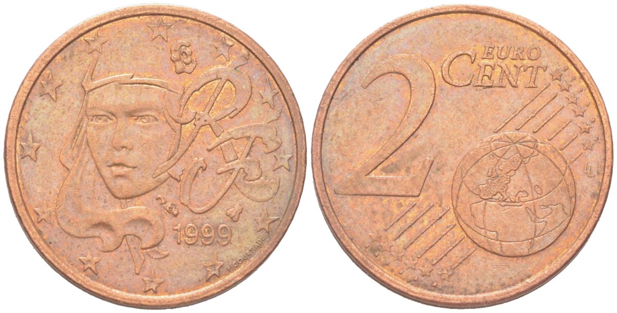 Франция 2 евроцента 1999 KM 1283 сталь плакированная медью 4614-716