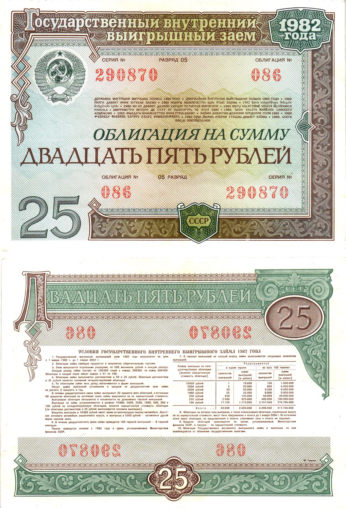 СССР облигация в 25 рублей 1982 государственный внутренний выигрышный заем, разряд 05   бумага   8609-41-2-2