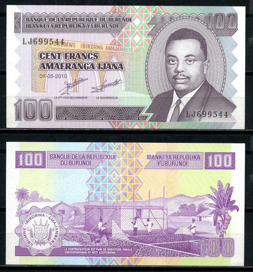 Бурунди 100 франков 2010 1 мая 2010, Prince Rwagasore Pick 44а бумага UNC (пресс) 6317-42-2-2