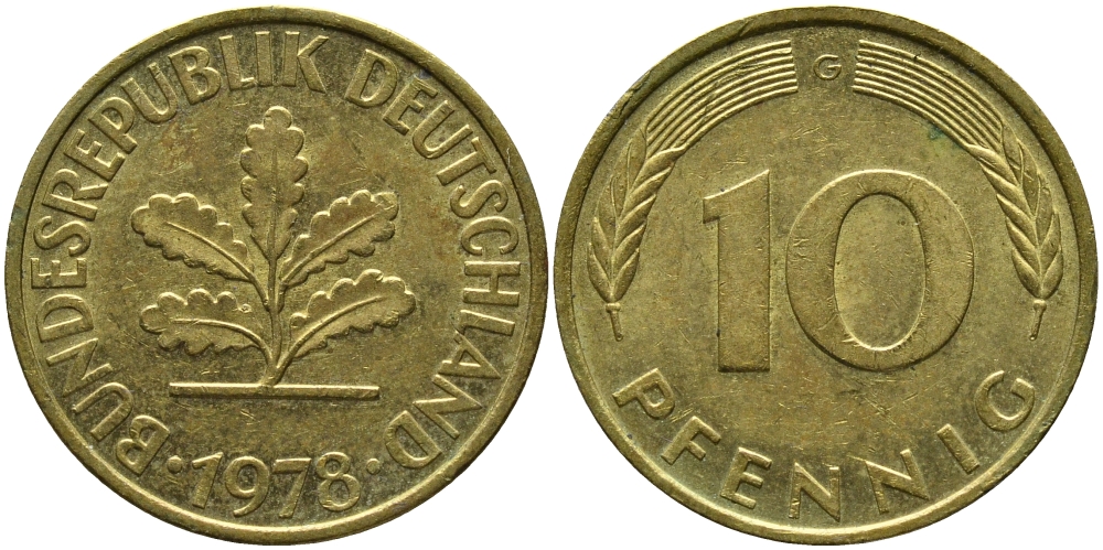 ФРГ 10 ПФЕННИГОВ 1978 G KM 108, J.383 сталь плакированная латунью 98-523