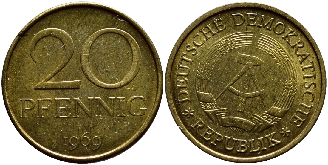 ГДР 20 пфеннигов 1969 А, первый год KM 11 латунь UNC 4397-351