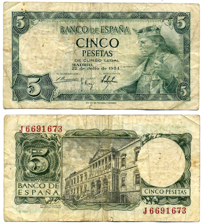 Испания 5 песет 1954 Альфонсо X, король Кастилии и Леона, дворец библиотек и музеев, Мадрид Pick 146 a бумага 2119-3-1-2