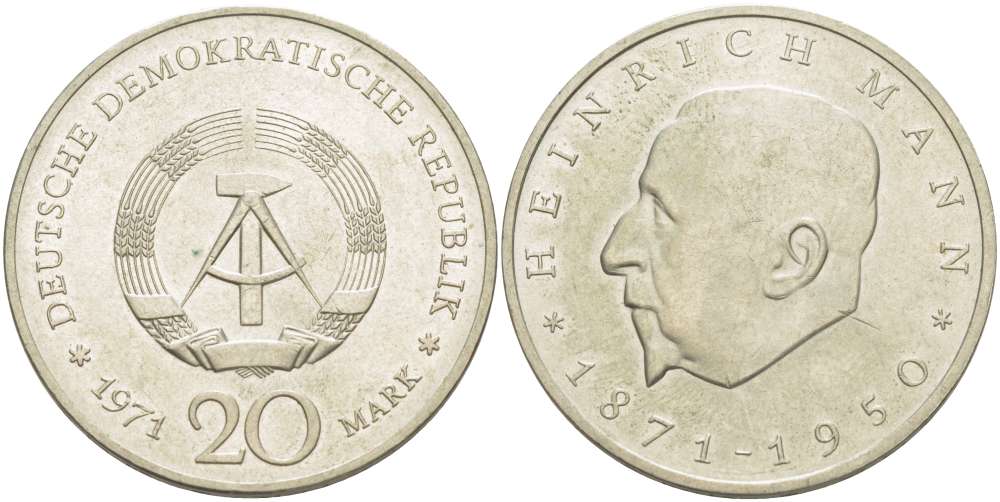 ГДР 20 марок 1971 А, 100 лет со дня рождения Генриха Манна (1871-1950) KM 33, J. 1531 медно-никель 4521-614
