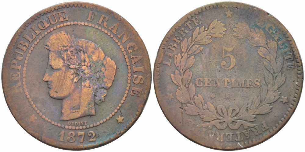 ФРАНЦИЯ 5 САНТИМОВ 1872 K, ТРЕТЬЯ РЕСПУБЛИКА (1871-1940) KM 821.2, LE FRANC 118.7 бронза 108-714
