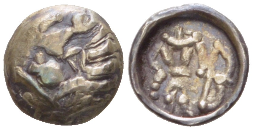 Древняя Греция, Скифия обол 250 - 130 гг. до н.э. Согдиана, Скифская Даха, голова/лучник, 0,46 гр MACW 350 серебро 1073-11-86